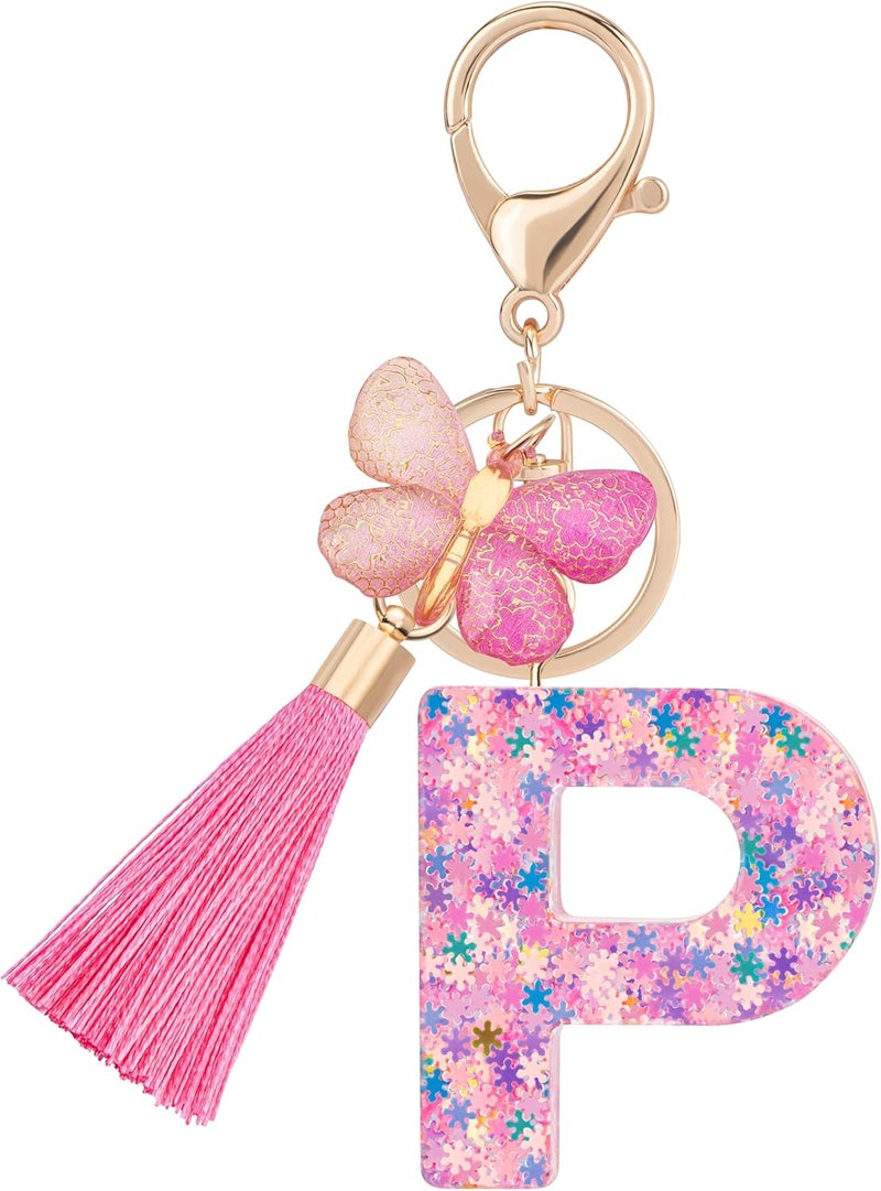 Suweibuke Cute Pink Key Chains for Women Girls, Initial Letter Keychains with Tassel, Charms for Key Purse Handbags Backpacks - Image 1